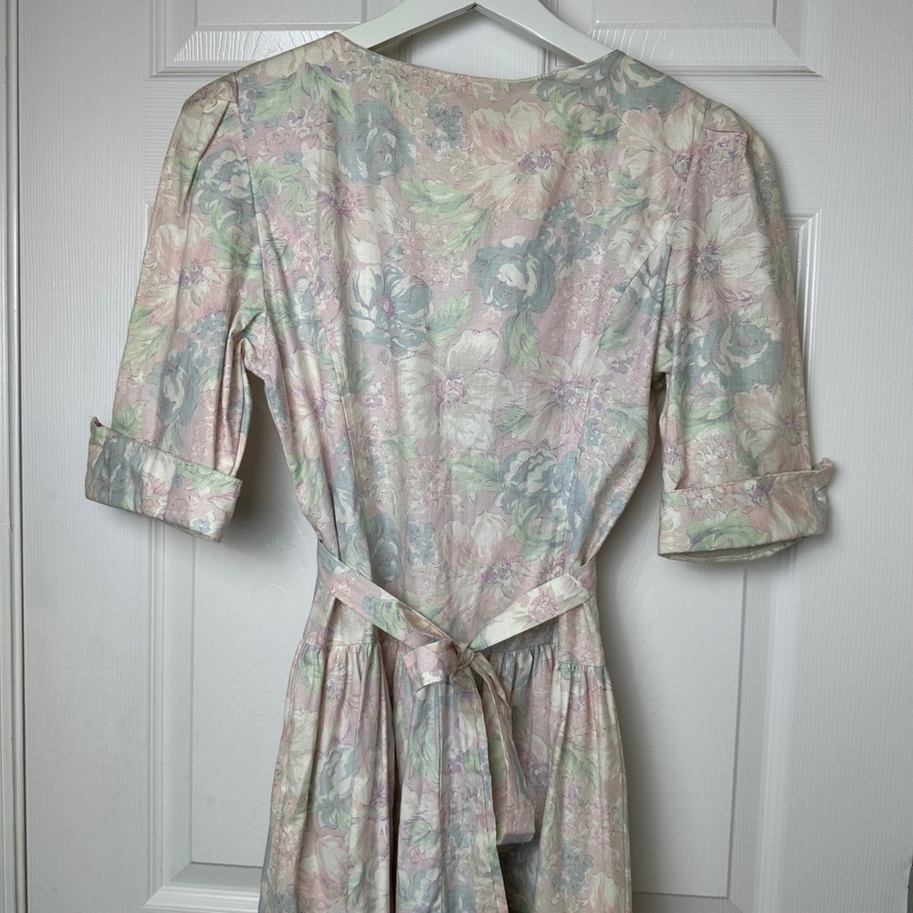 Floral Vintage Prairie Cottagecore Midi Dress Sm Pastel Pink Blue Dropped Waist - Picture 10 of 12
